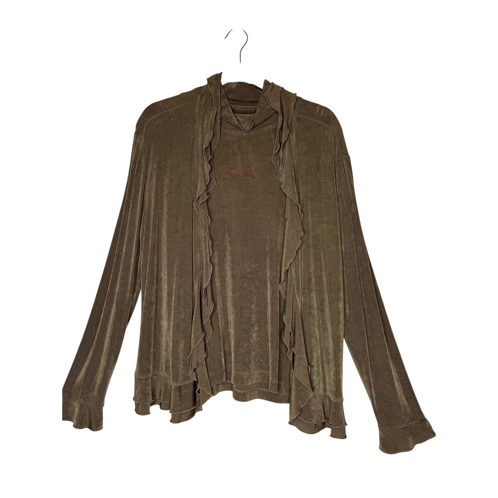 Vintage Chico's Travelers Shell and Cardigan Olive Brown Ruffled Size L Y2K